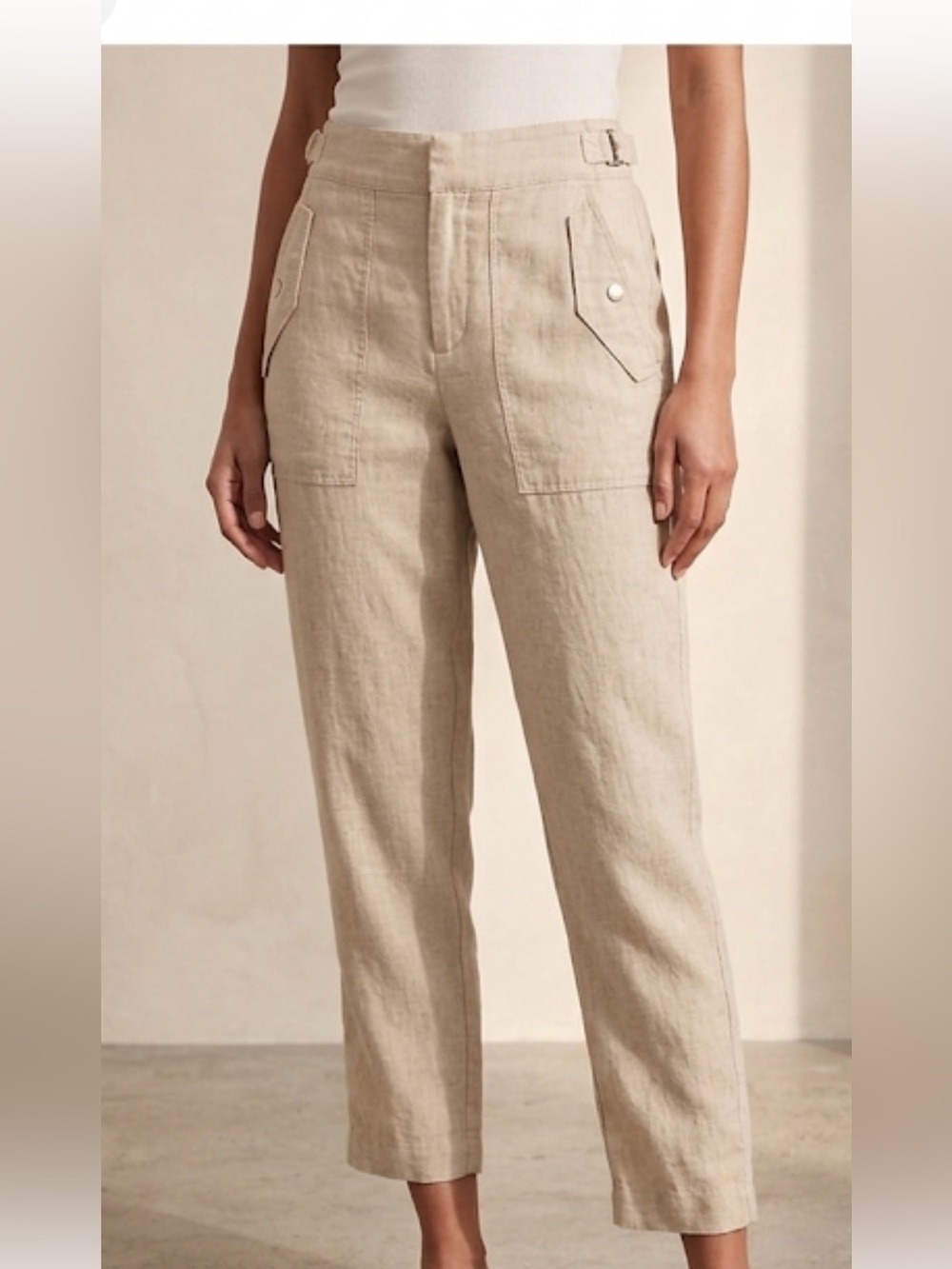 Athleta Voyager Linen Ankle Pants Beige Adjustable Buckle 4 Coastal